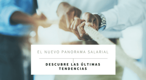 Equipo de personas tirando de una cuerda en señal de esfuerzo conjunto, con texto superpuesto “El nuevo panorama salarial - Descubre las últimas tendencias”. onhunters, firma de búsqueda y selección de personal.