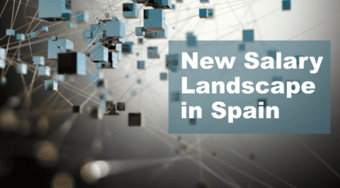 Representación gráfica abstracta con cubos flotantes y texto “New Salary Landscape in Spain”, ilustrando el nuevo panorama salarial en España. onhunters, firma de búsqueda y selección de personal.