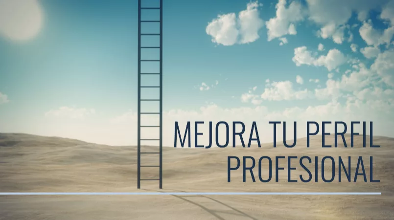 Escalera solitaria que se eleva en un paisaje desértico bajo un cielo azul con nubes, acompañada del texto "Improve your professional profile". onhunters, firma de búsqueda y selección de personal.