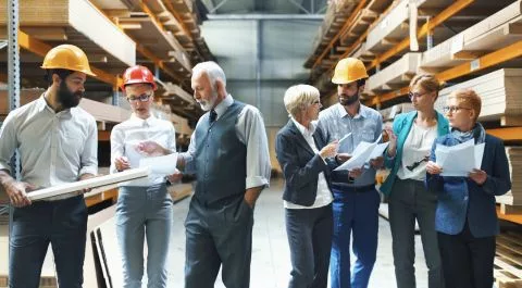 Equipo de responsables de producción revisando planos e instrucciones técnicas en un entorno industrial. onhunters, firma de búsqueda y selección de personal.