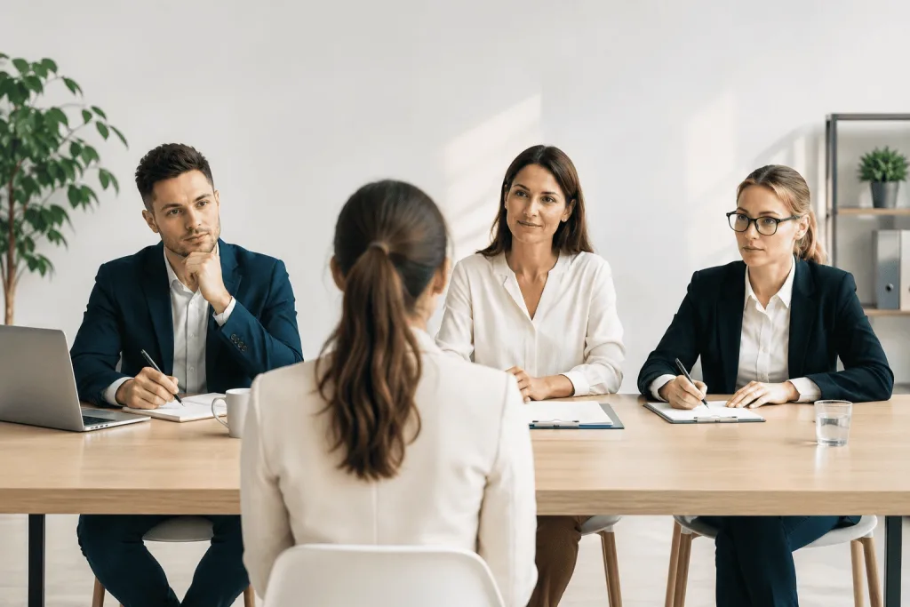 Equipo de selección evaluando a una candidata en una entrevista de trabajo