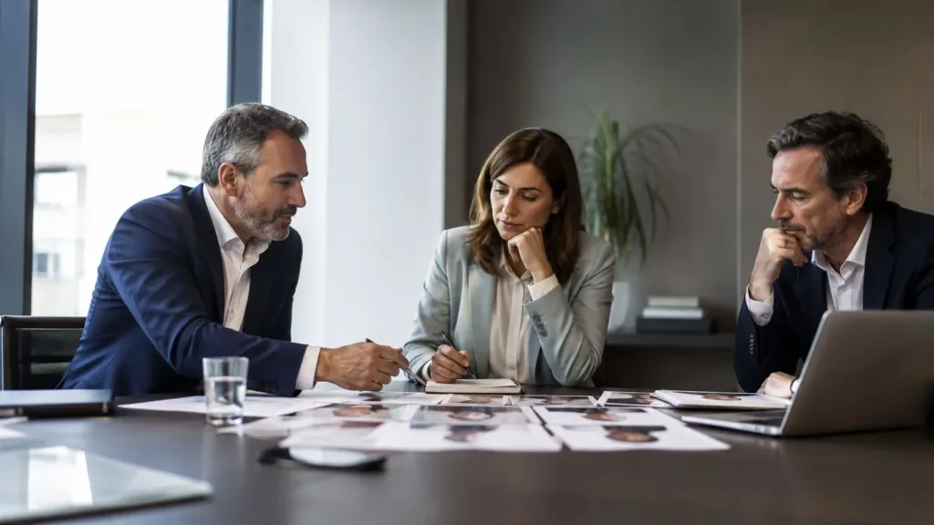 Profesionales analizando candidatos durante una decisión de contratación