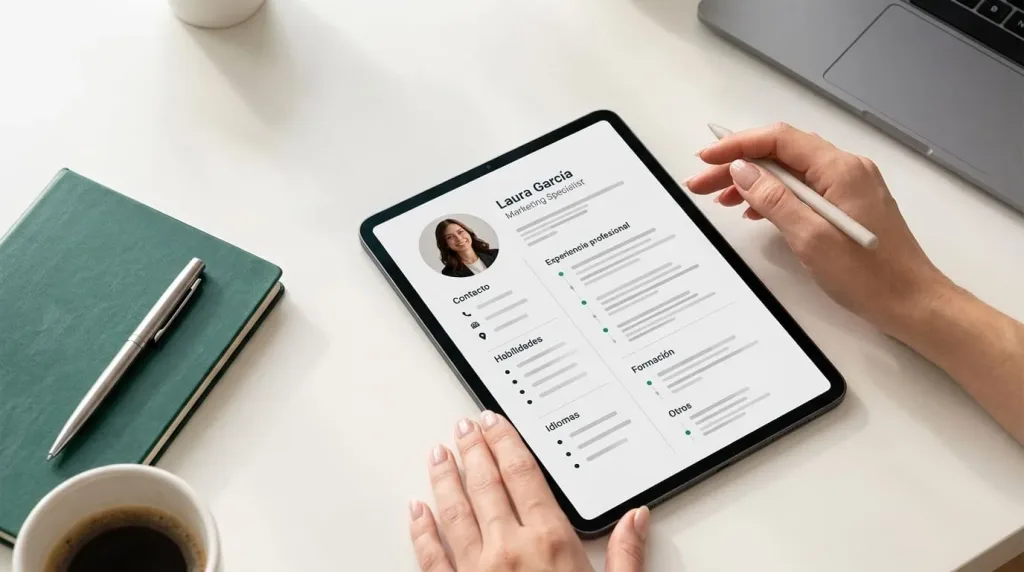 Persona revisando y editando un currículum vitae digital en una tablet con un lápiz óptico sobre un escritorio con portátil, café y libreta turquesa.