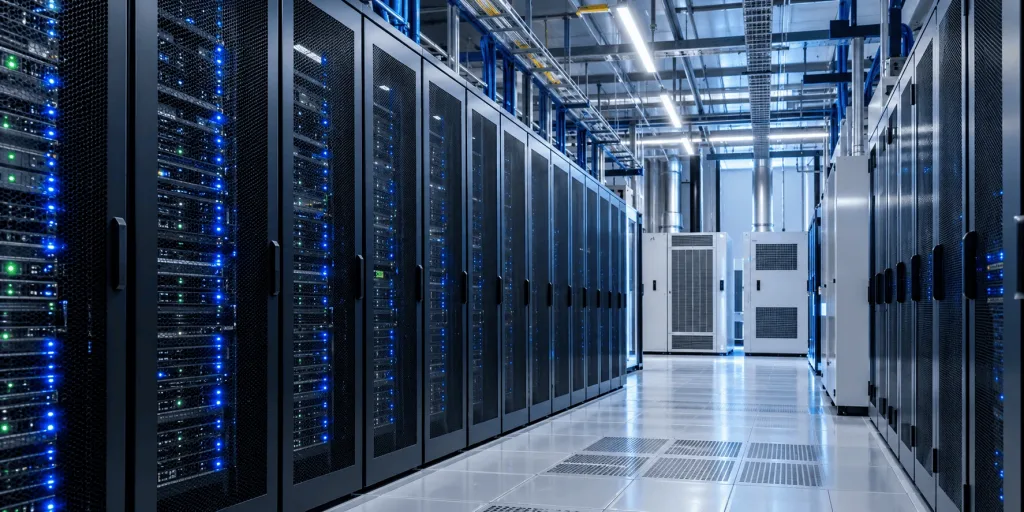 Interior de un centro de datos con servidores, iluminación técnica y sistemas de refrigeración.